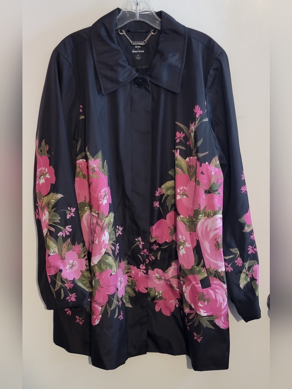 dennis basso Black Floral Rain Trench Coat with Pink Blooms NWOT